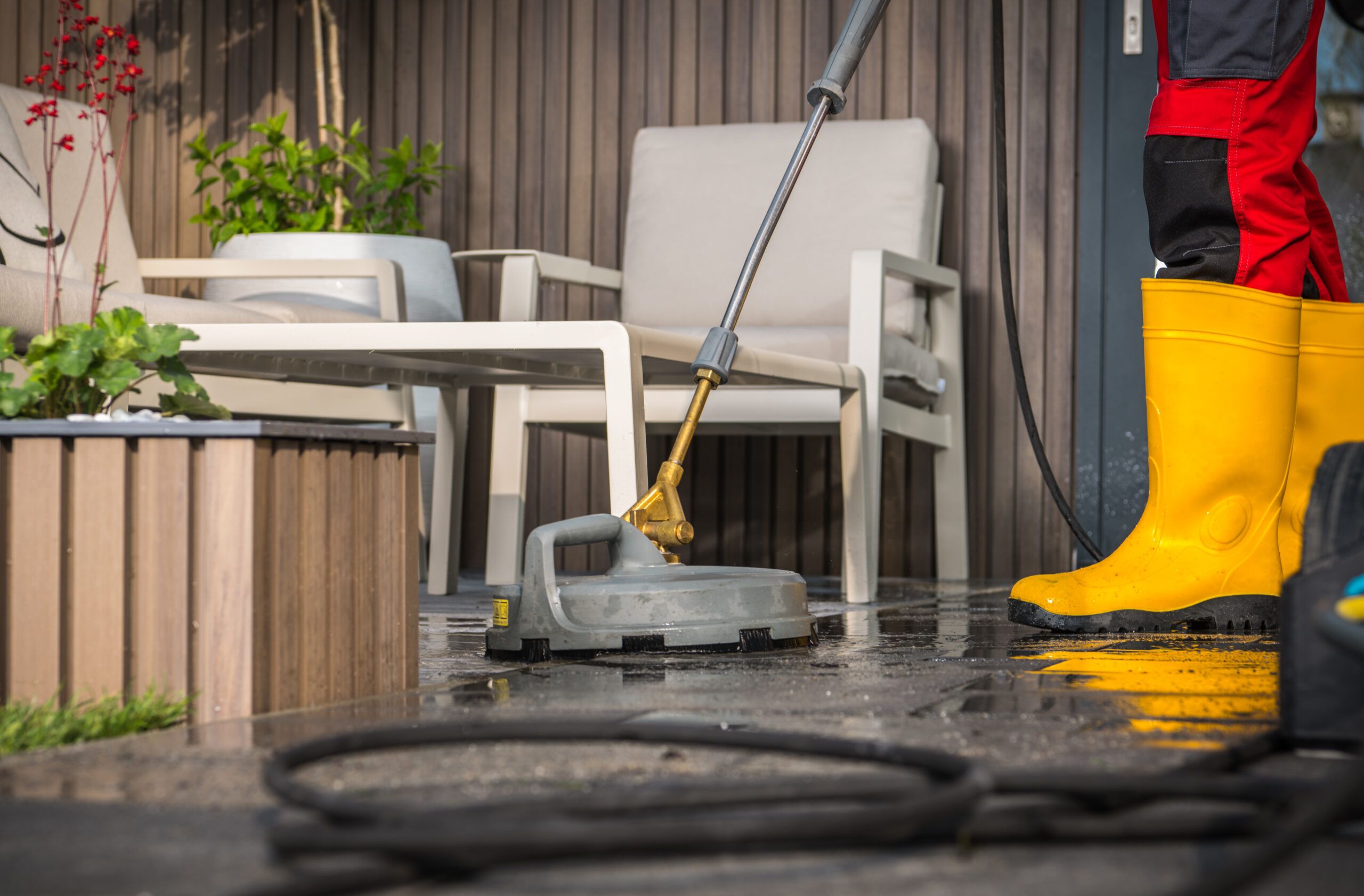 Cleaning Concrete Surface Patio With A Pressure Washer.