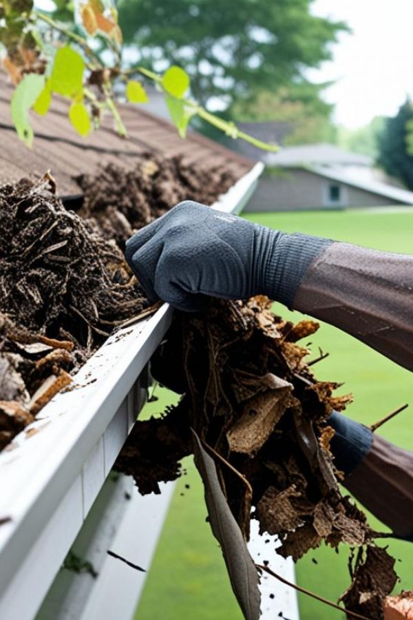 Realistic Image Of Gutter Cleaning By A Professional Who Is Pulling The Debris Out Of The Gutters By Hand