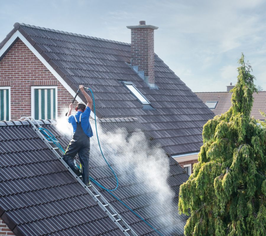 Cleaner With Pressure Washer At Roof House Cleaning Roof Tiles